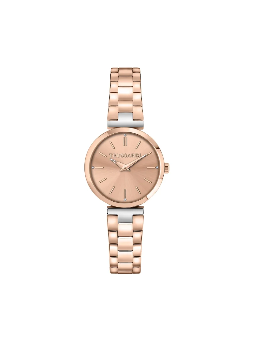 montre femme trussardi loud 30 mm acier inoxydable or rose, verre minéral, bracelet métal, quartz, etanche 50 mètres – réf. r2453164506