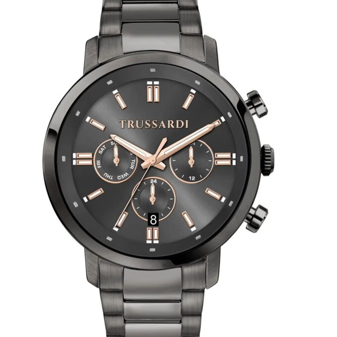 montre homme multifonctions quartz analogique etanche 50 mètres acier gris cadran 43 mm bracelet acier gris r2453147012