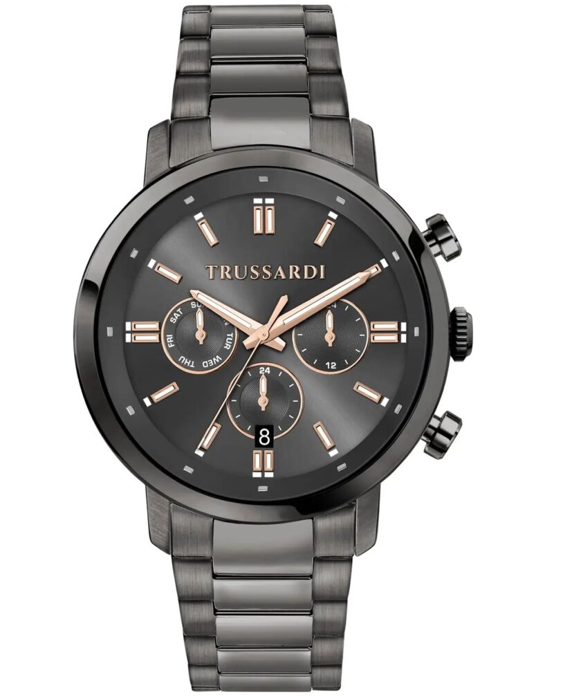 montre homme multifonctions quartz analogique etanche 50 mètres acier gris cadran 43 mm bracelet acier gris r2453147012