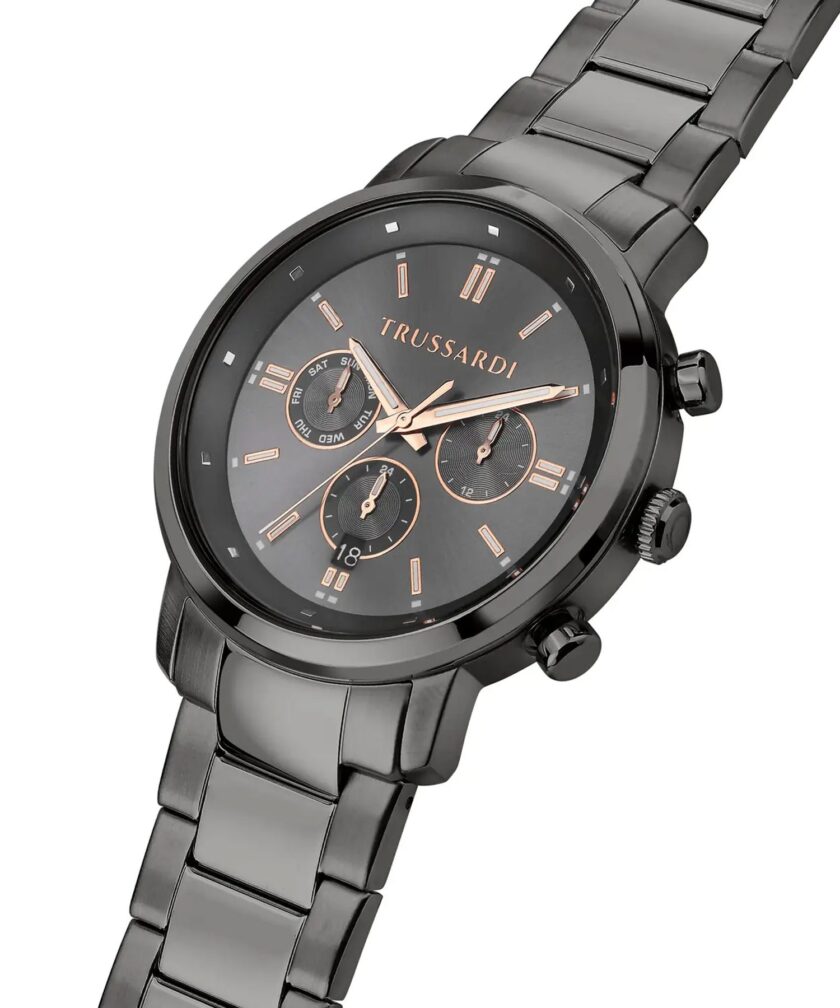 montre homme multifonctions quartz analogique etanche 50 mètres acier gris cadran 43 mm bracelet acier gris r2453147012