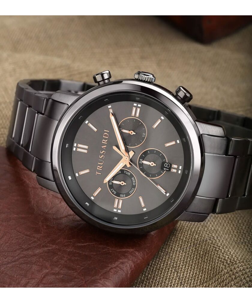 montre homme multifonctions quartz analogique etanche 50 mètres acier gris cadran 43 mm bracelet acier gris r2453147012