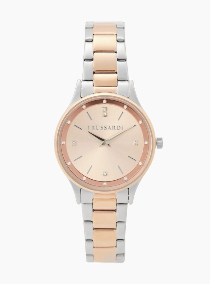 montre femme trussardi t star 34 mm acier argenté, bracelet métal argent et or rose, verre minéral, etanche 50 mètres, boucle déployante, garantie 2 ans r2453152511