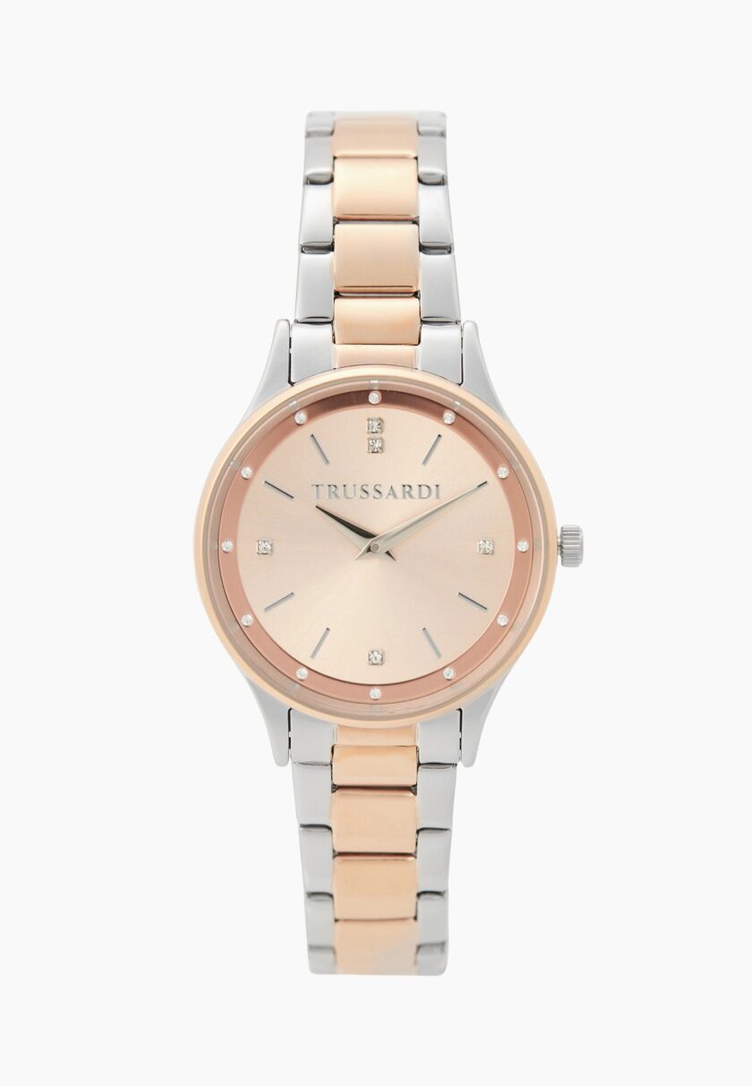 montre femme trussardi t star 34 mm acier argenté, bracelet métal argent et or rose, verre minéral, etanche 50 mètres, boucle déployante, garantie 2 ans r2453152511