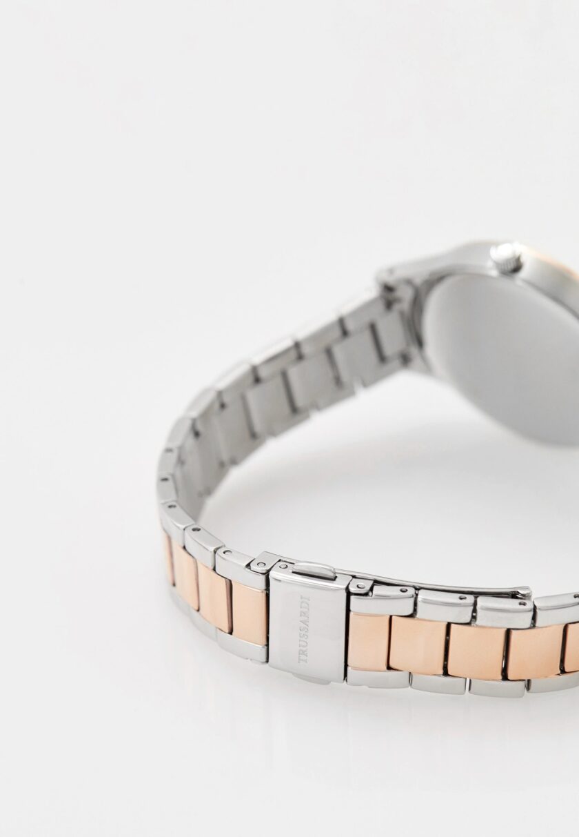 montre femme trussardi t star 34 mm acier argenté, bracelet métal argent et or rose, verre minéral, etanche 50 mètres, boucle déployante, garantie 2 ans r2453152511