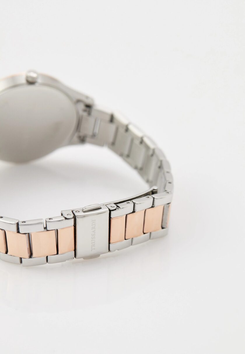 montre femme trussardi t star 34 mm acier argenté, bracelet métal argent et or rose, verre minéral, etanche 50 mètres, boucle déployante, garantie 2 ans r2453152511