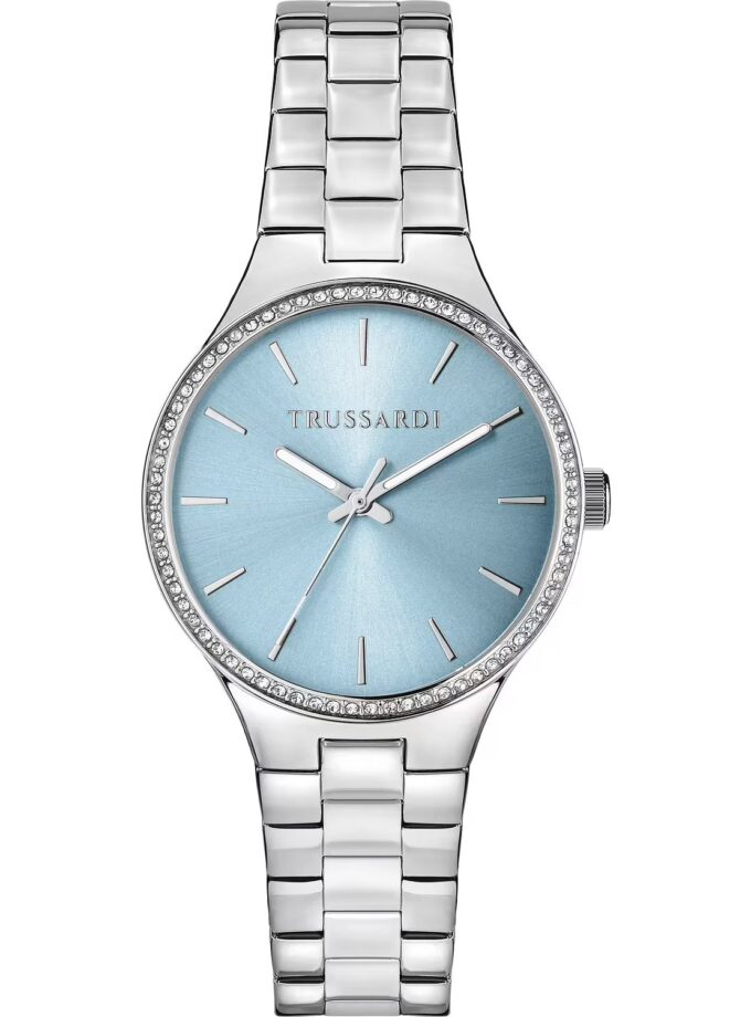 montre femme trussardi t essenza, acier poli 32mm, quartz, bracelet acier argent, verre minéral, étanche 5 atm, boucle déployante, garantie 2 ans, référence r2453172506