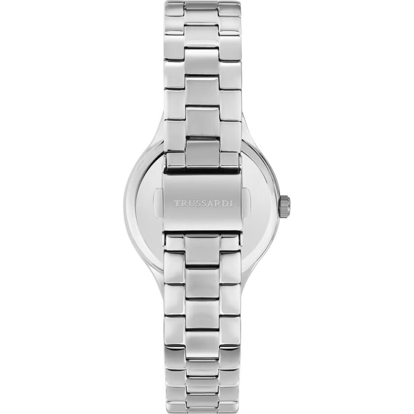 montre femme trussardi t essenza, acier poli 32mm, quartz, bracelet acier argent, verre minéral, étanche 5 atm, boucle déployante, garantie 2 ans, référence r2453172506