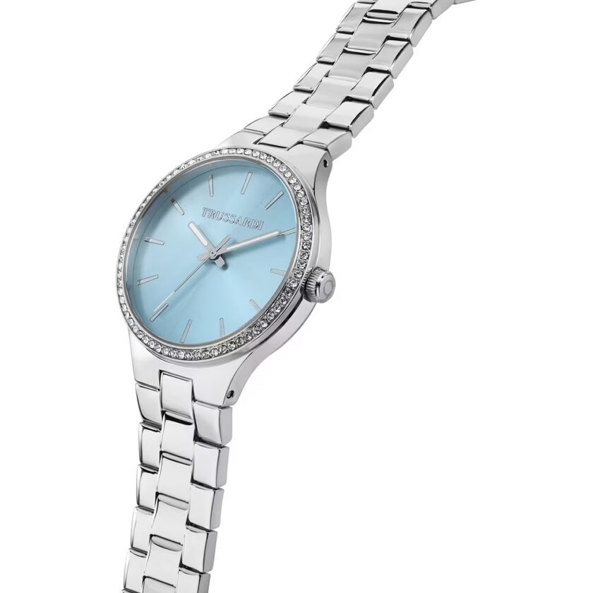 montre femme trussardi t essenza, acier poli 32mm, quartz, bracelet acier argent, verre minéral, étanche 5 atm, boucle déployante, garantie 2 ans, référence r2453172506