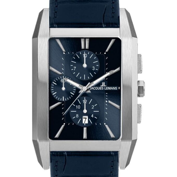 Montre Chronographe Homme Jacques Lemans Torino 34mm Quartz Acier Bleu Cuir Étanche 5ATM Verre Saphir Réf. 1-2161.1C