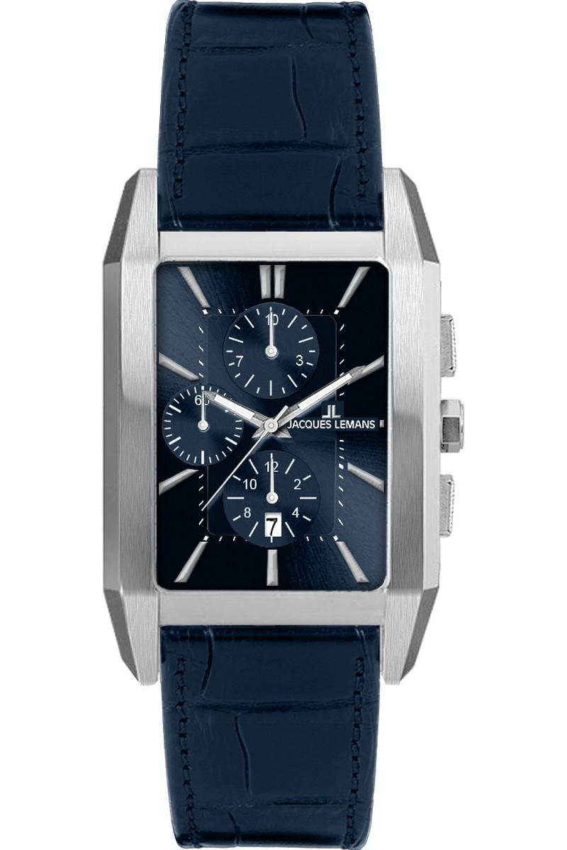 montre chronographe homme jacques lemans torino 34mm quartz acier bleu cuir Étanche 5atm verre saphir réf. 1 2161.1c