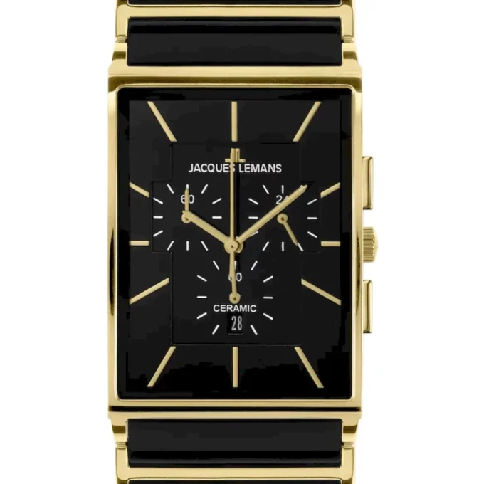 montre homme jacques lemans chronographe quartz, verre saphir, bracelet céramique et acier, boîtier or et acier, cadran noir, 50m Étanche, ref 1 1900c
