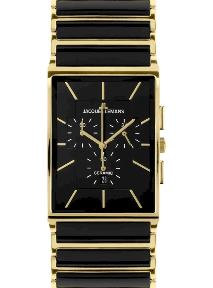 montre homme jacques lemans chronographe quartz, verre saphir, bracelet céramique et acier, boîtier or et acier, cadran noir, 50m Étanche, ref 1 1900c