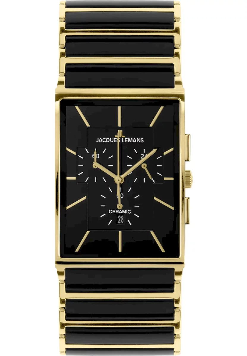montre homme jacques lemans chronographe quartz, verre saphir, bracelet céramique et acier, boîtier or et acier, cadran noir, 50m Étanche, ref 1 1900c