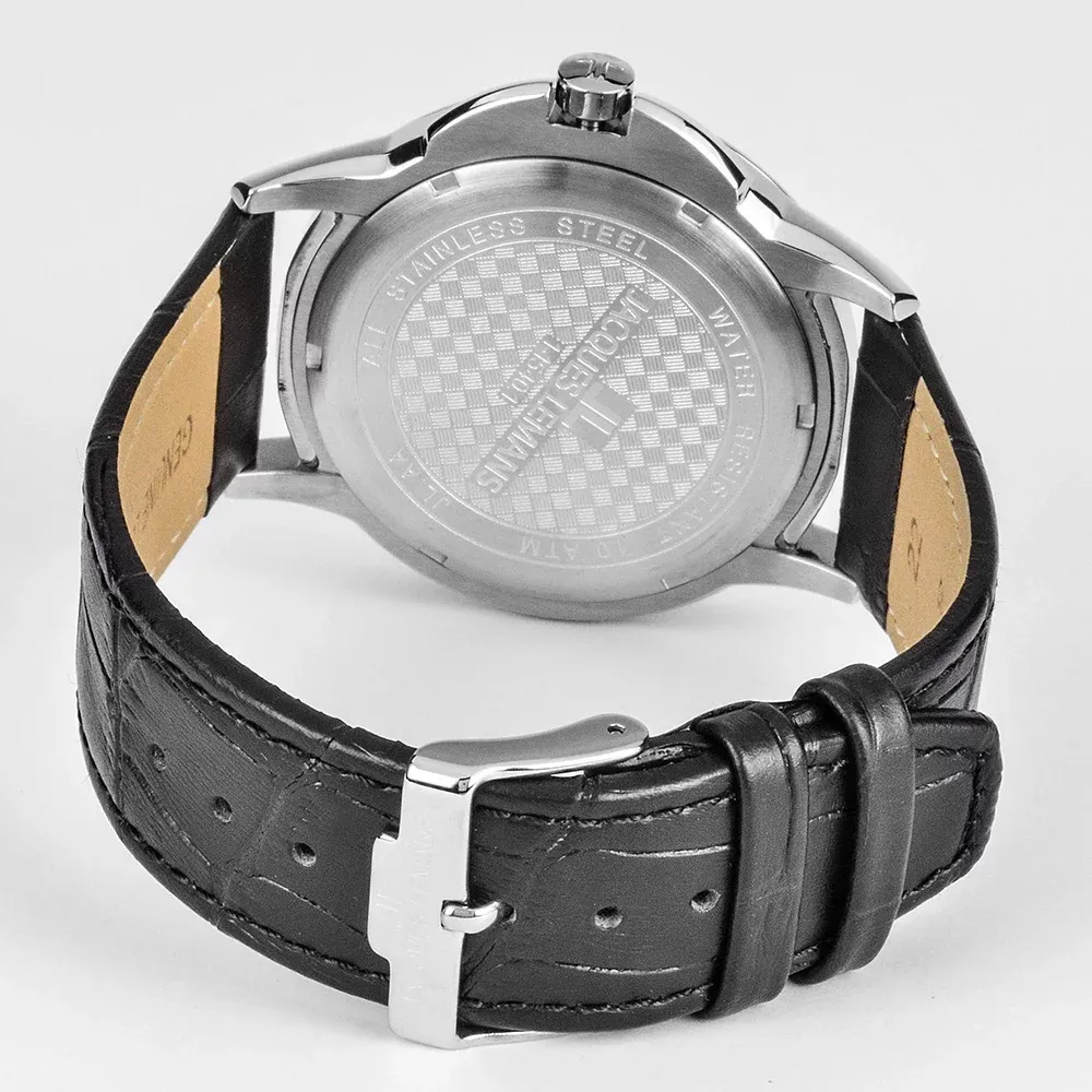 montre homme jacques lemans 1 1540b – quartz, acier inoxydable, bracelet cuir noir, affichage analogique, calendrier date noir