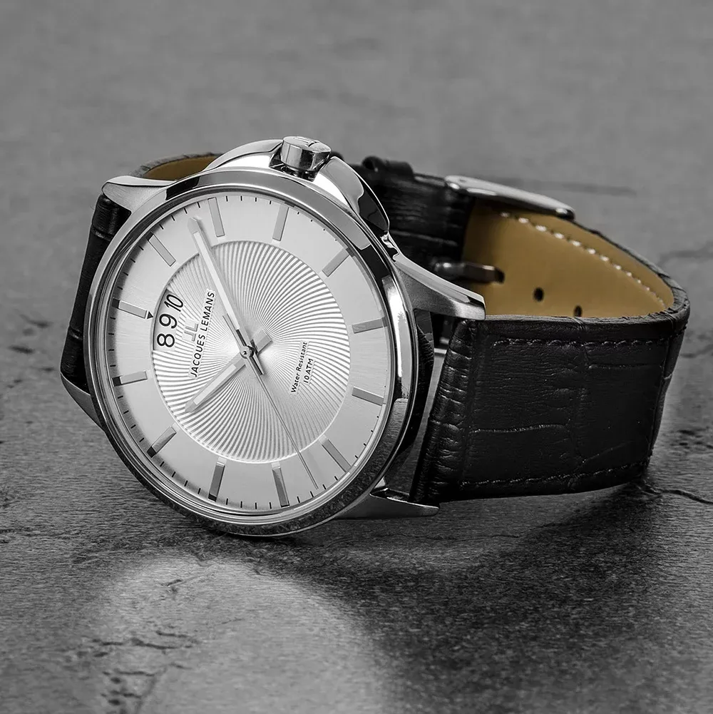 montre homme jacques lemans 1 1540b – quartz, acier inoxydable, bracelet cuir noir, affichage analogique, calendrier date noir