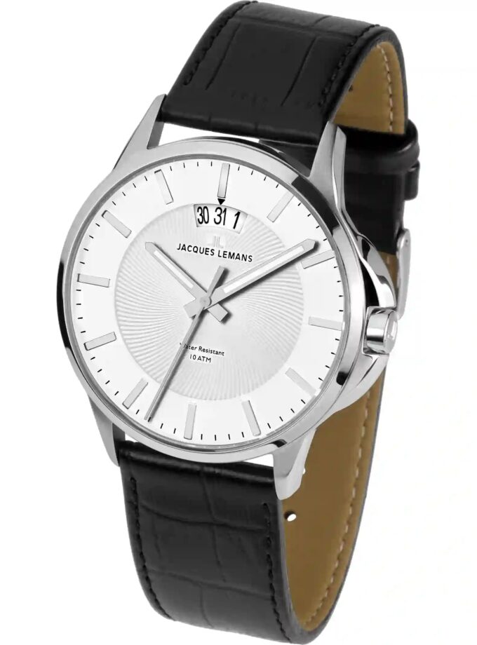 montre homme jacques lemans 1 1540b – quartz, acier inoxydable, bracelet cuir noir, affichage analogique, calendrier date noir