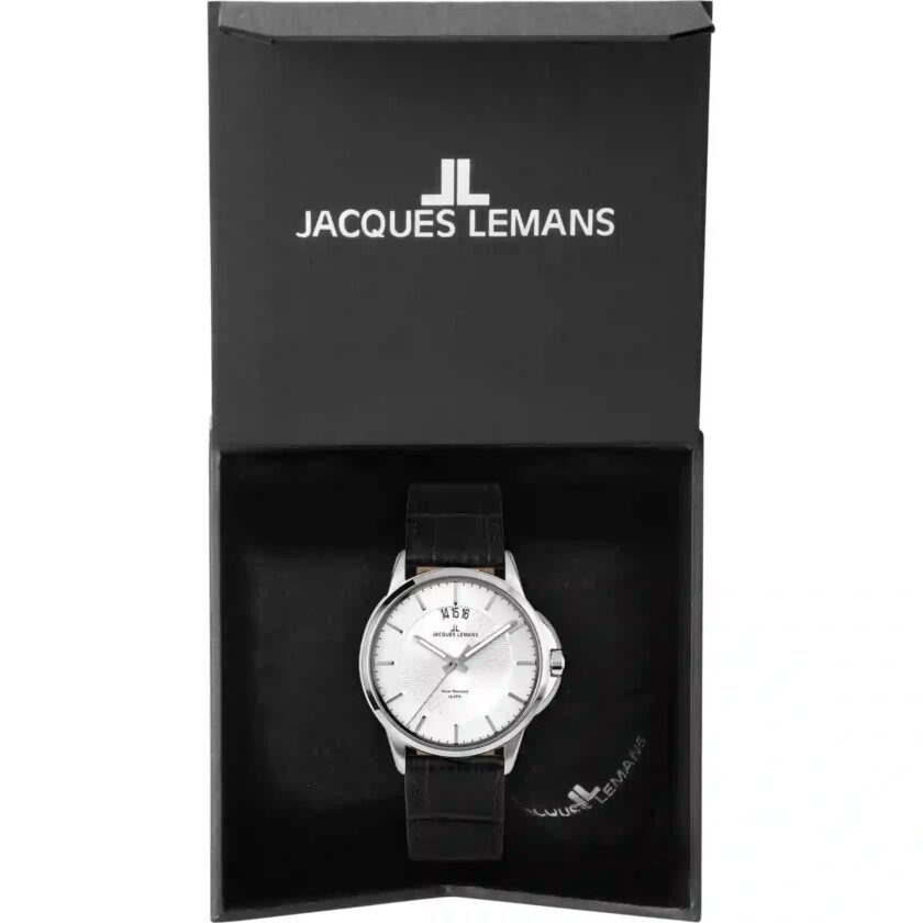 montre homme jacques lemans 1 1540b – quartz, acier inoxydable, bracelet cuir noir, affichage analogique, calendrier date noir