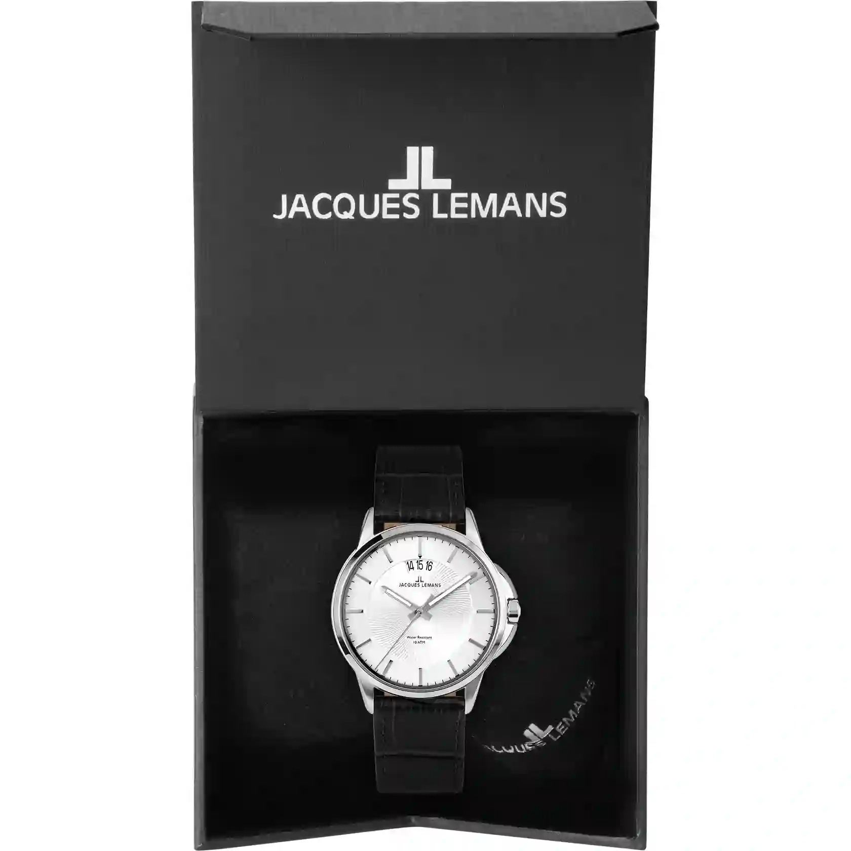 montre homme jacques lemans 1 1540b – quartz, acier inoxydable, bracelet cuir noir, affichage analogique, calendrier date noir