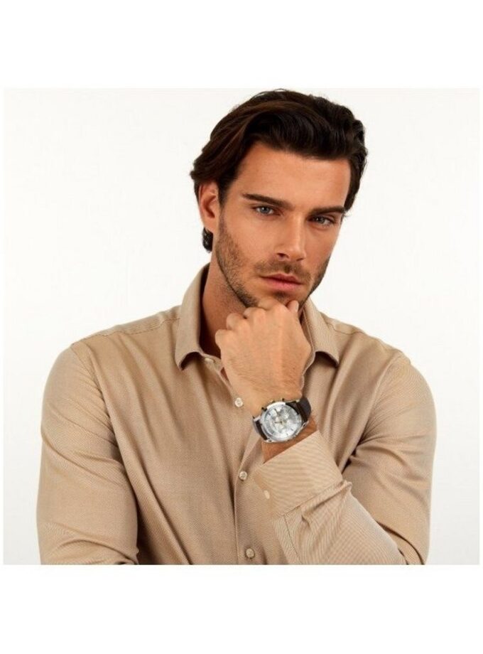 Montre Homme Sunray RONDA 5040D chronographe 1/10s, date, acier inoxydable 39mm, boutons dorés, cadran blanc vintage, bracelet cuir marron crocodile, étanche 30m, coffret boutons de manchette, R8271908011