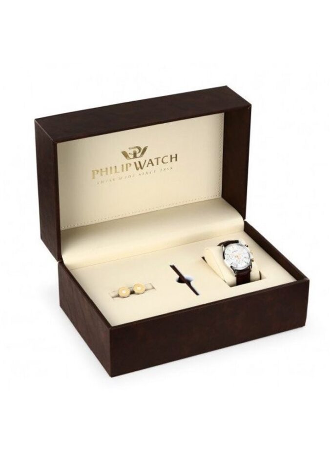 Montre Homme Sunray RONDA 5040D chronographe 1/10s, date, acier inoxydable 39mm, boutons dorés, cadran blanc vintage, bracelet cuir marron crocodile, étanche 30m, coffret boutons de manchette, R8271908011