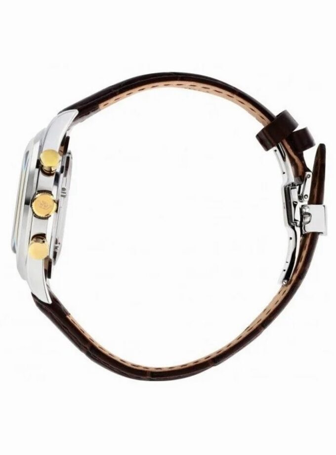 Montre Homme Sunray RONDA 5040D chronographe 1/10s, date, acier inoxydable 39mm, boutons dorés, cadran blanc vintage, bracelet cuir marron crocodile, étanche 30m, coffret boutons de manchette, R8271908011