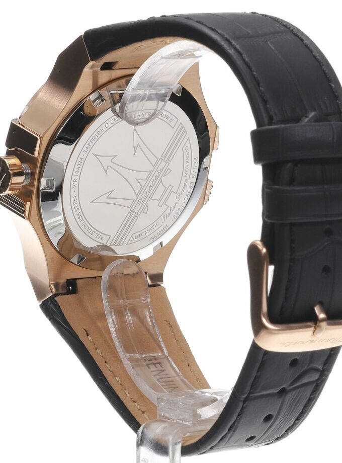 Montre Homme Maserati – Automatique, Étanche 100m, Squelette, Verre Saphir – Acier Or Rose – Bracelet Cuir Noir – 40mm – Garantie 2 ans - R8821108053