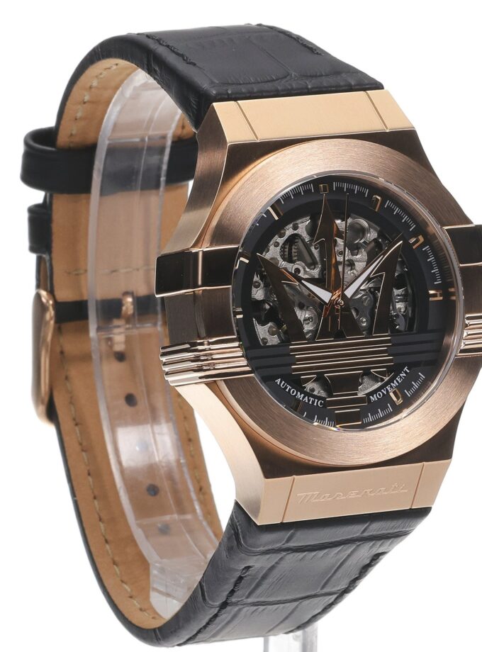 Montre Homme Maserati – Automatique, Étanche 100m, Squelette, Verre Saphir – Acier Or Rose – Bracelet Cuir Noir – 40mm – Garantie 2 ans - R8821108053