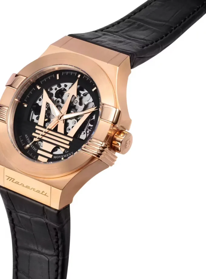 Montre Homme Maserati – Automatique, Étanche 100m, Squelette, Verre Saphir – Acier Or Rose – Bracelet Cuir Noir – 40mm – Garantie 2 ans - R8821108053