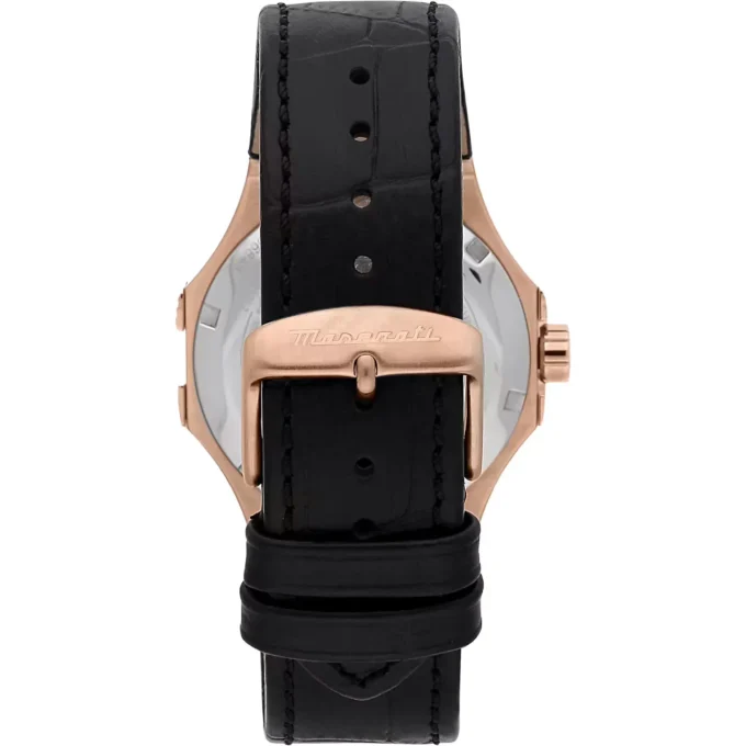 Montre Homme Maserati – Automatique, Étanche 100m, Squelette, Verre Saphir – Acier Or Rose – Bracelet Cuir Noir – 40mm – Garantie 2 ans - R8821108053