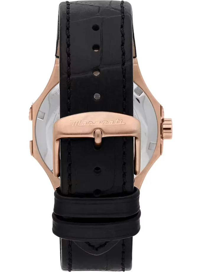 Montre Homme Maserati – Automatique, Étanche 100m, Squelette, Verre Saphir – Acier Or Rose – Bracelet Cuir Noir – 40mm – Garantie 2 ans - R8821108053