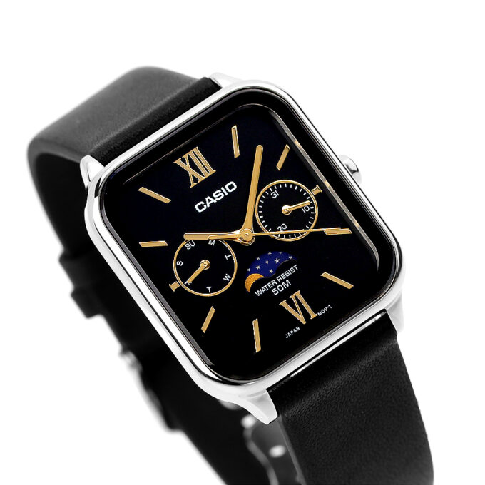 Montre Homme Analogique Casio MTP-M305L-1A2VDF – Phase de lune, Date, Bracelet cuir, Acier inoxydable, Noir, 50m étanche