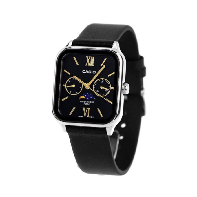 Montre Homme Analogique Casio MTP-M305L-1A2VDF – Phase de lune, Date, Bracelet cuir, Acier inoxydable, Noir, 50m étanche