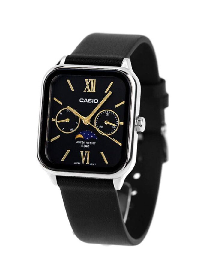 Montre Homme Analogique Casio MTP-M305L-1A2VDF – Phase de lune, Date, Bracelet cuir, Acier inoxydable, Noir, 50m étanche