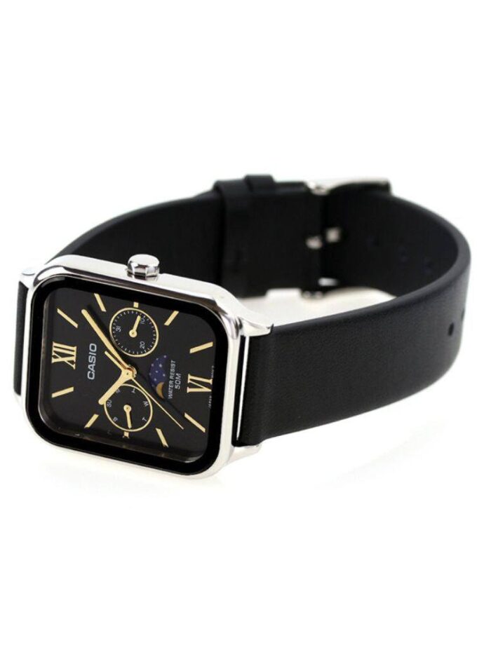 Montre Homme Analogique Casio MTP-M305L-1A2VDF – Phase de lune, Date, Bracelet cuir, Acier inoxydable, Noir, 50m étanche