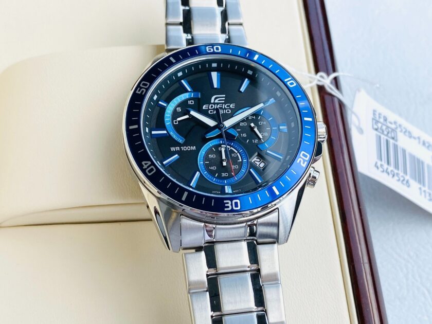 montre homme casio edifice classic efr 552d 2avudf – chronographe, acier inoxydable, cadran bleu, Étanchéité 10 bar, bracelet argent