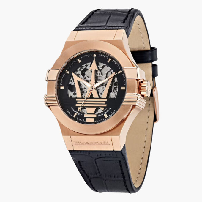 Montre Homme Maserati – Automatique, Étanche 100m, Squelette, Verre Saphir – Acier Or Rose – Bracelet Cuir Noir – 40mm – Garantie 2 ans - R8821108053