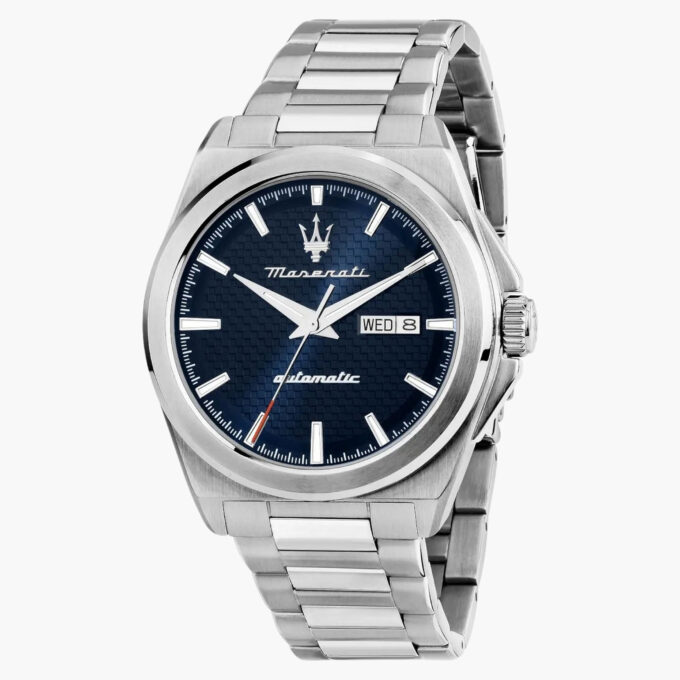 Montre Automatique Homme Maserati R8823152002 – Acier inoxydable Bleu Gris, Cadran Motif Carré, Etanche 10 ATM, Mouvement Miyota 8205, Bracelet Acier – Garantie 2 ans