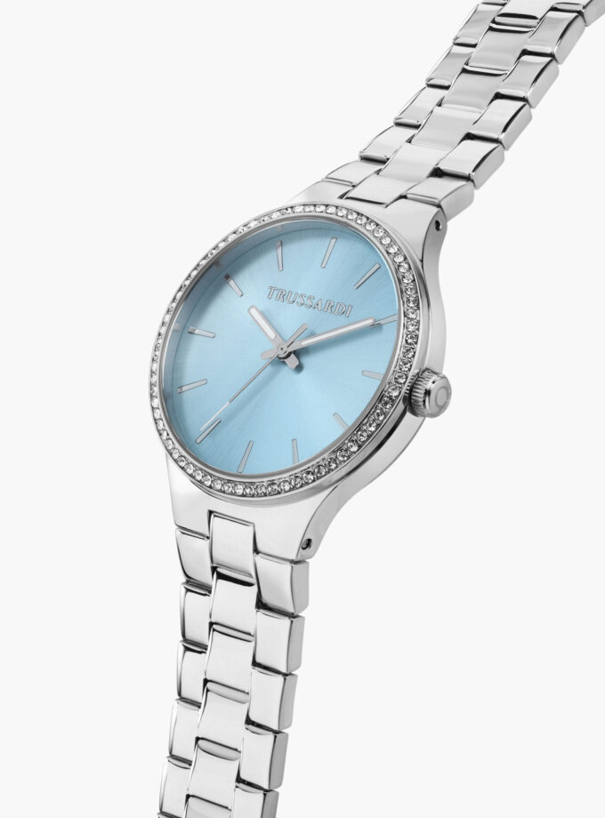 Montre femme Trussardi T-Essenza, acier poli 32mm, quartz, bracelet acier argent, verre minéral, étanche 5 ATM, boucle déployante, garantie 2 ans, référence R2453172506