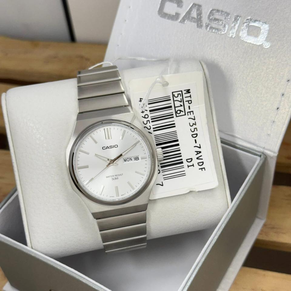 montre homme casio mtp e735d 7av acier inoxydable, cadran argenté, affichage jour/date, bracelet métal montres boutique aïwatch