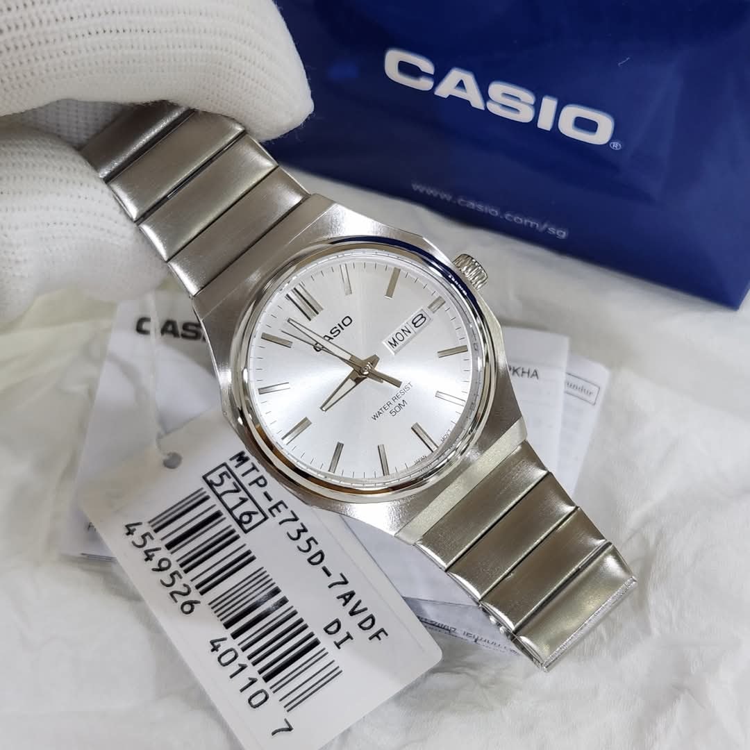 montre homme casio mtp e735d 7av acier inoxydable, cadran argenté, affichage jour/date, bracelet métal montres boutique aïwatch