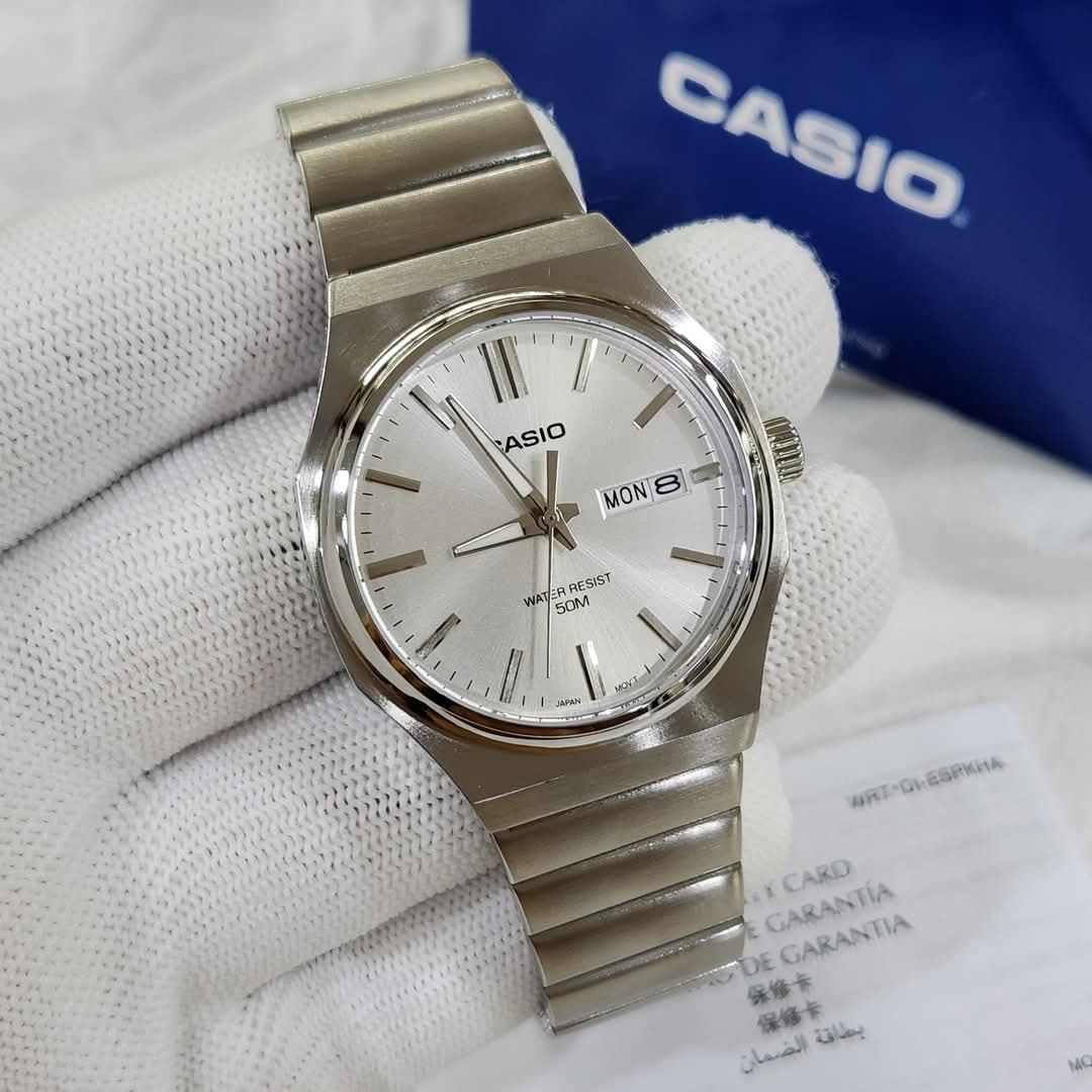 montre homme casio mtp e735d 7av acier inoxydable, cadran argenté, affichage jour/date, bracelet métal montres boutique aïwatch