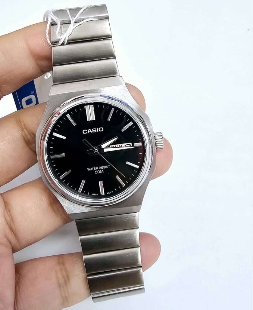 montre homme casio affichage jour/date, bracelet acier inoxydable, Étanche, style classique acier noir mtp e735d 1av