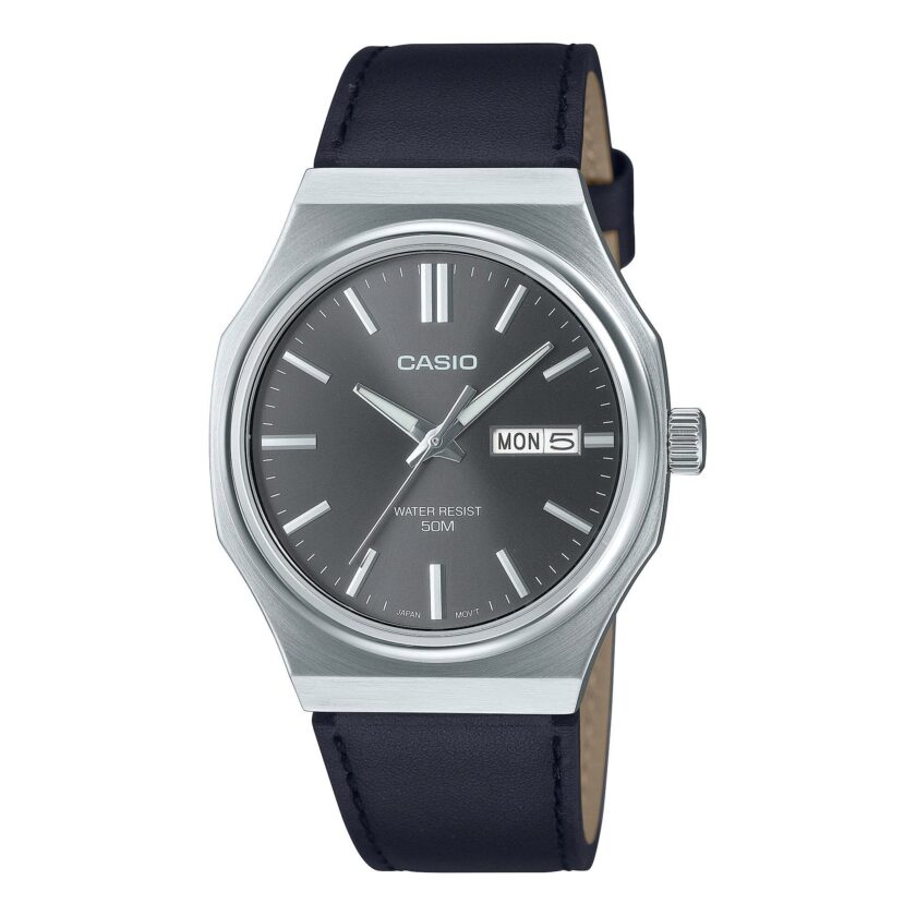 montre homme casio mtp e735l 8avdf – cadran gris foncé, bracelet cuir, style élégant, affichage analogique – cuir – gris foncé – mtp e735l 8avdf