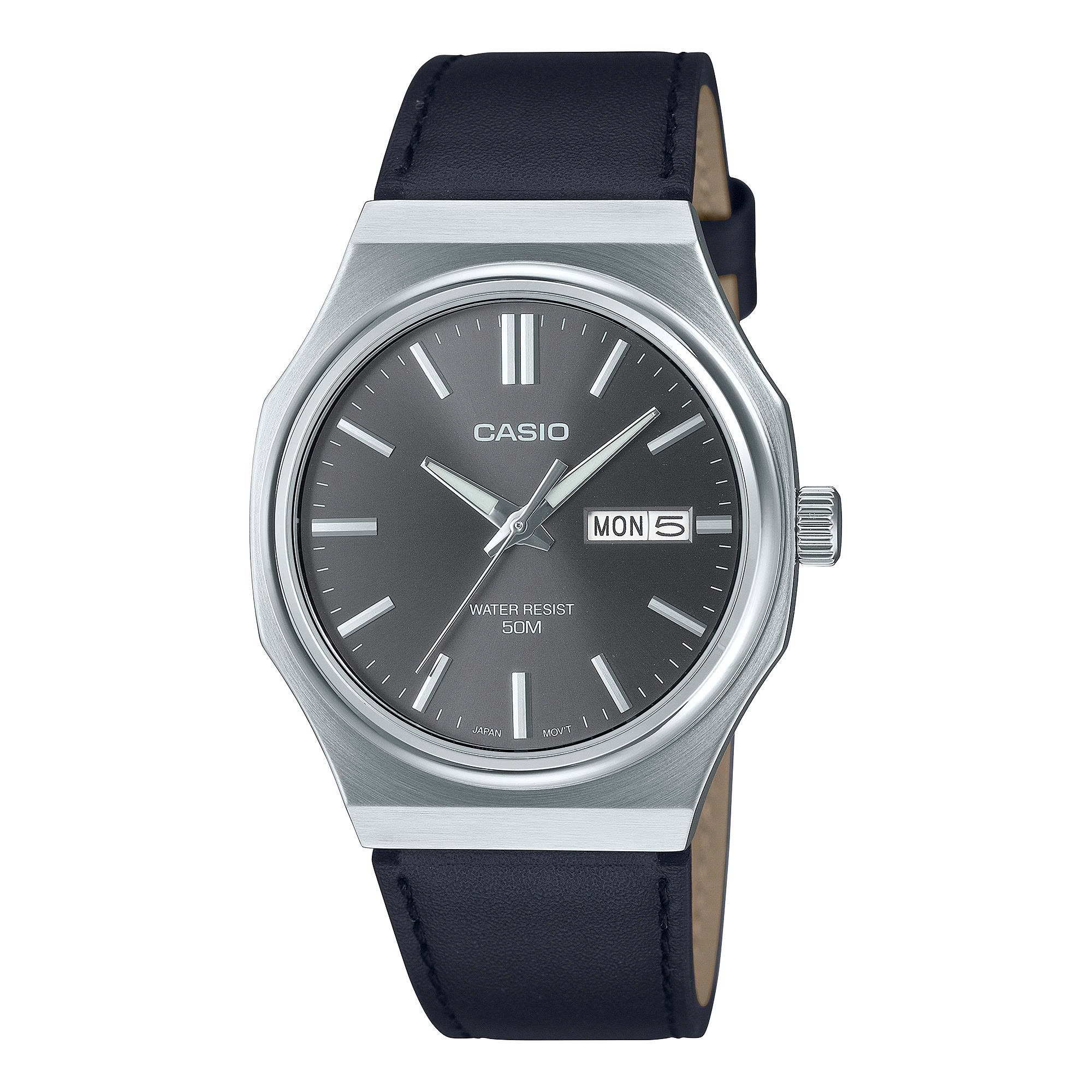montre homme casio mtp e735l 8avdf – cadran gris foncé, bracelet cuir, style élégant, affichage analogique – cuir – gris foncé – mtp e735l 8avdf