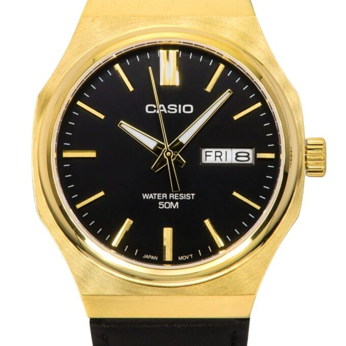 montre analogique homme casio standard quartz, cadran noir, bracelet cuir, étanche, design classique matière cuir couleur noir réf. mtp e735gl 1av