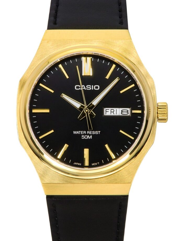 montre analogique homme casio standard quartz, cadran noir, bracelet cuir, étanche, design classique matière cuir couleur noir réf. mtp e735gl 1av