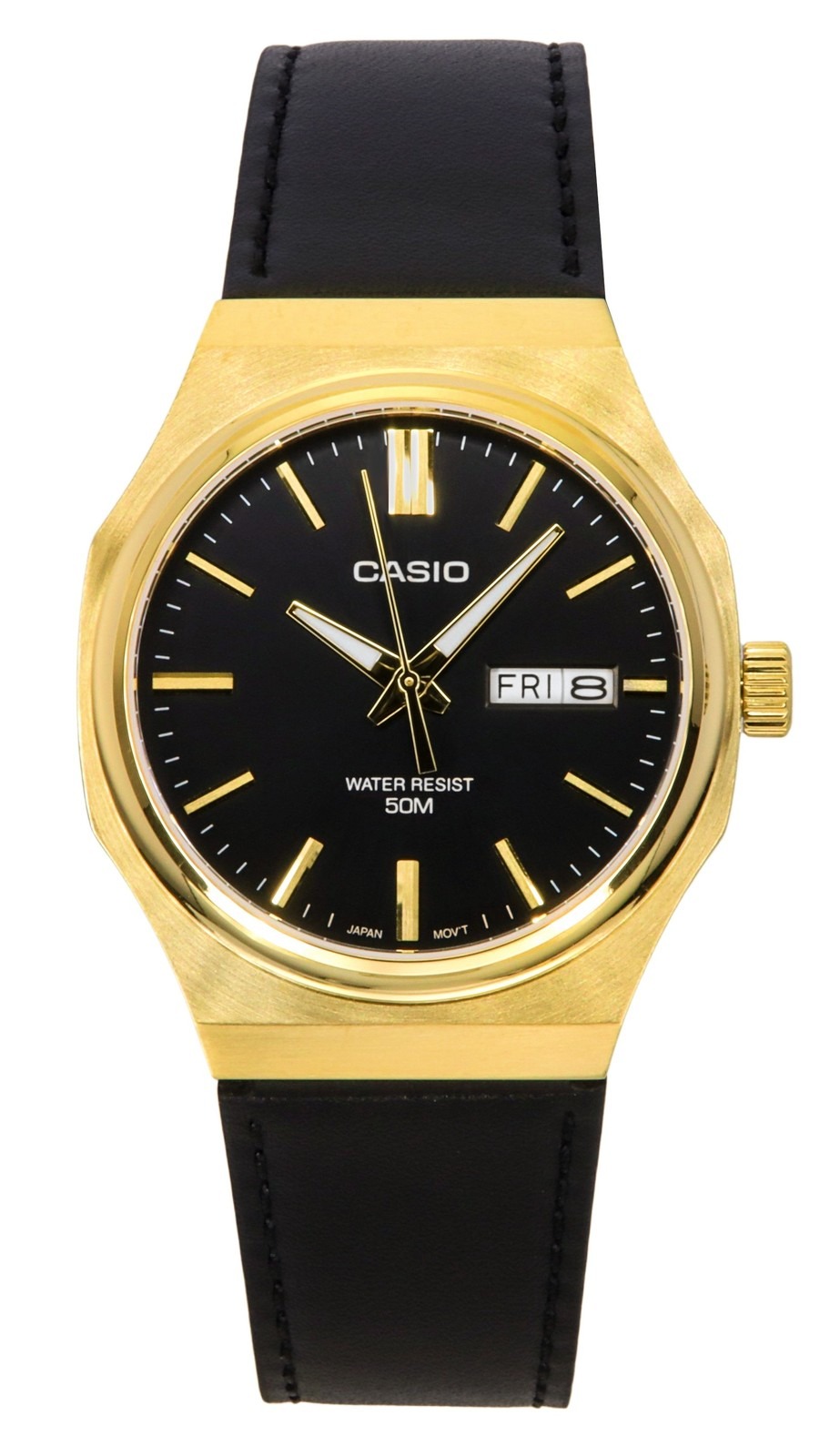 montre analogique homme casio standard quartz, cadran noir, bracelet cuir, étanche, design classique matière cuir couleur noir réf. mtp e735gl 1av