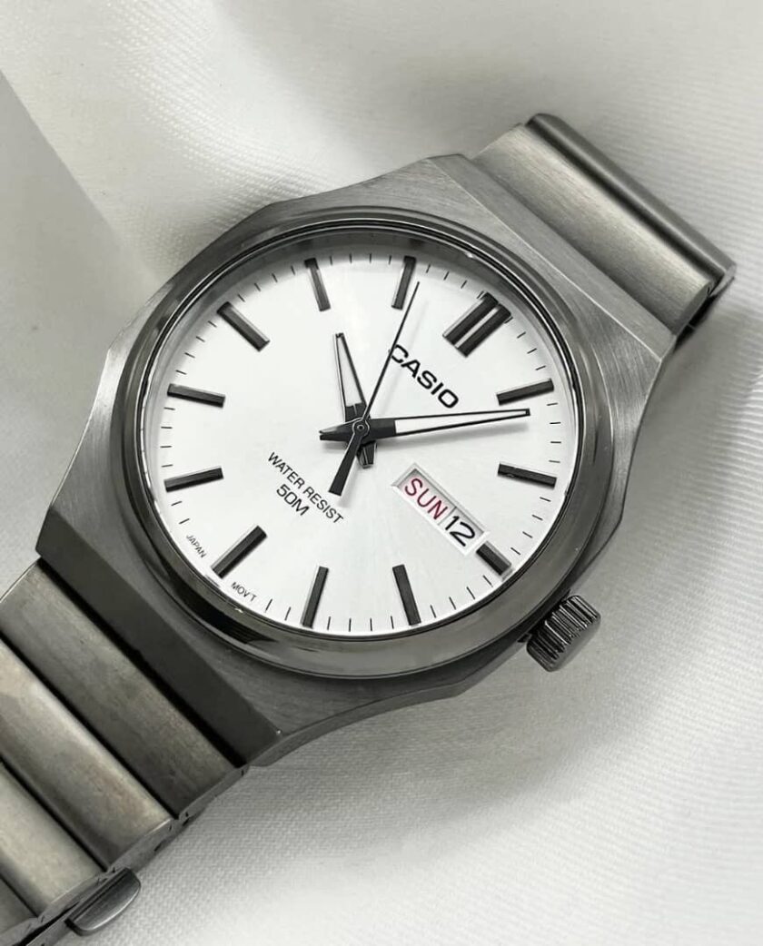 montre analogique homme casio enticer quartz, cadran argenté, acier inoxydable, etanche argent mtp e735b 7avdf