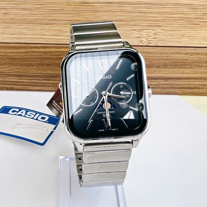 Montre homme Casio – Phases de lune, acier inoxydable, affichage analogique, étanche – Argenté – MTP-M305D-1A2V