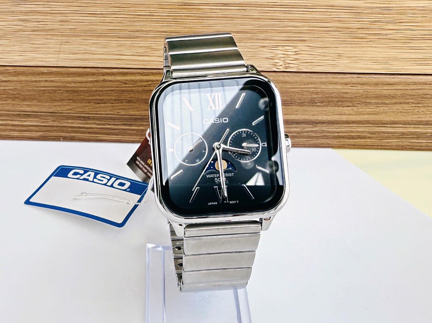 montre homme casio – phases de lune, acier inoxydable, affichage analogique, étanche – argenté – mtp m305d 1a2v